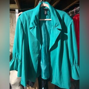 Maggie Barnes Teal Open-Front Blazer with Ruffled Three-Quarter Sleeves